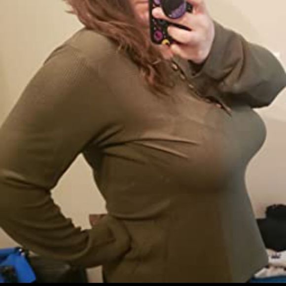 Waffle Knit Long Sleeve Blouse Slim Fit Button Down V Neck, army green XL - Picture 4 of 5